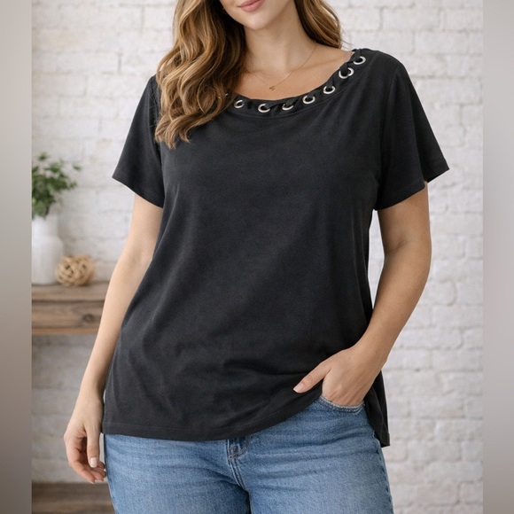 Rafaella Tops - Rafaella Black Short Sleeve Top with Silver Grommet Neckline